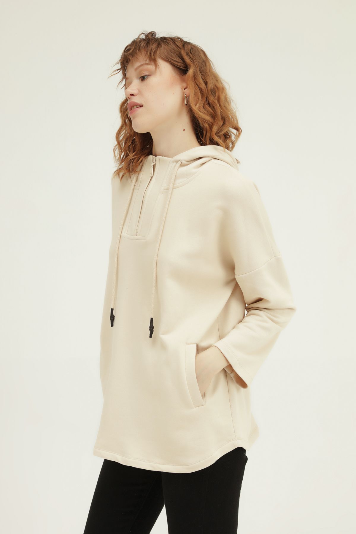 Hoodie with zip, Beige, S