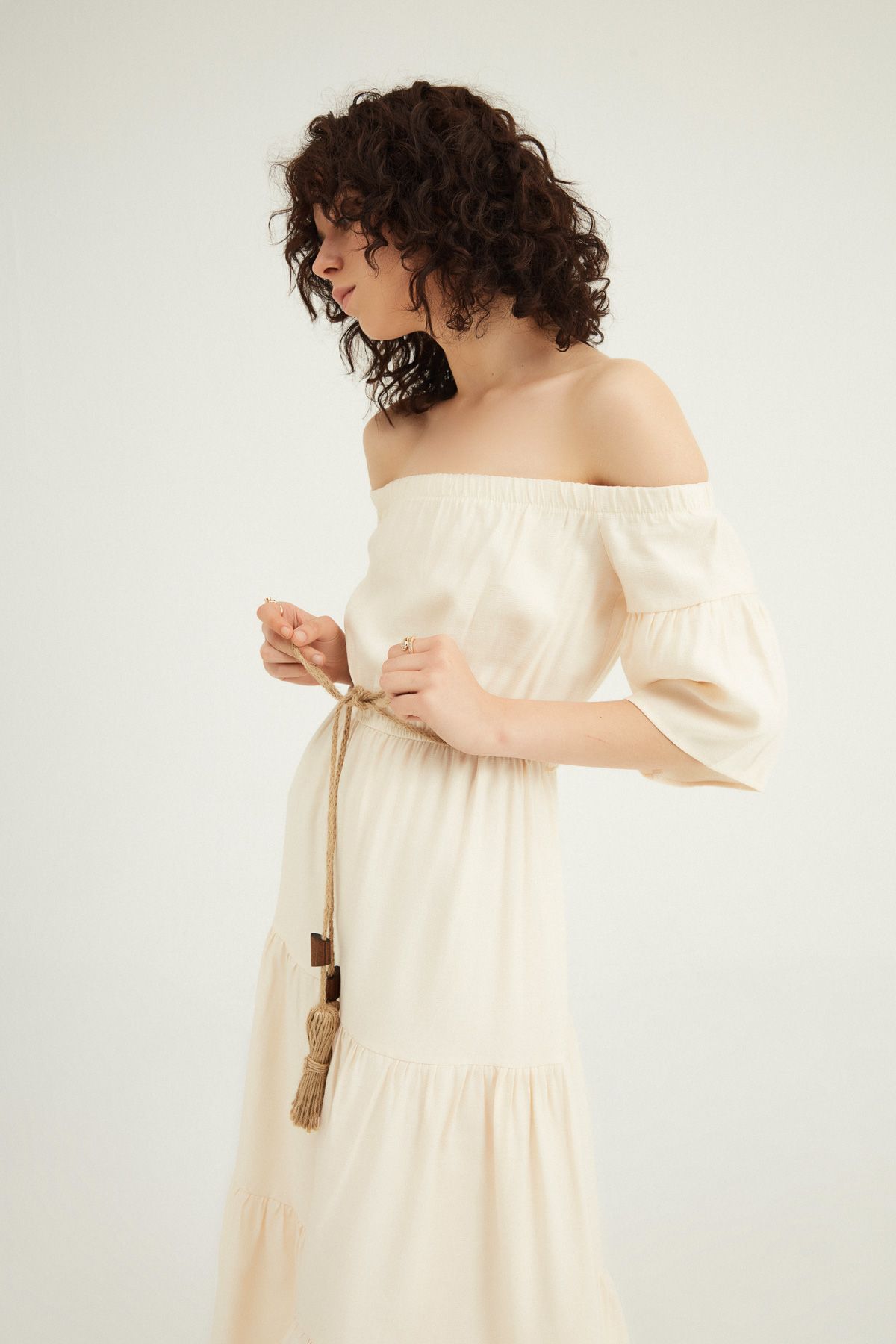 Off-the-shoulder dress with belt, Bone, S