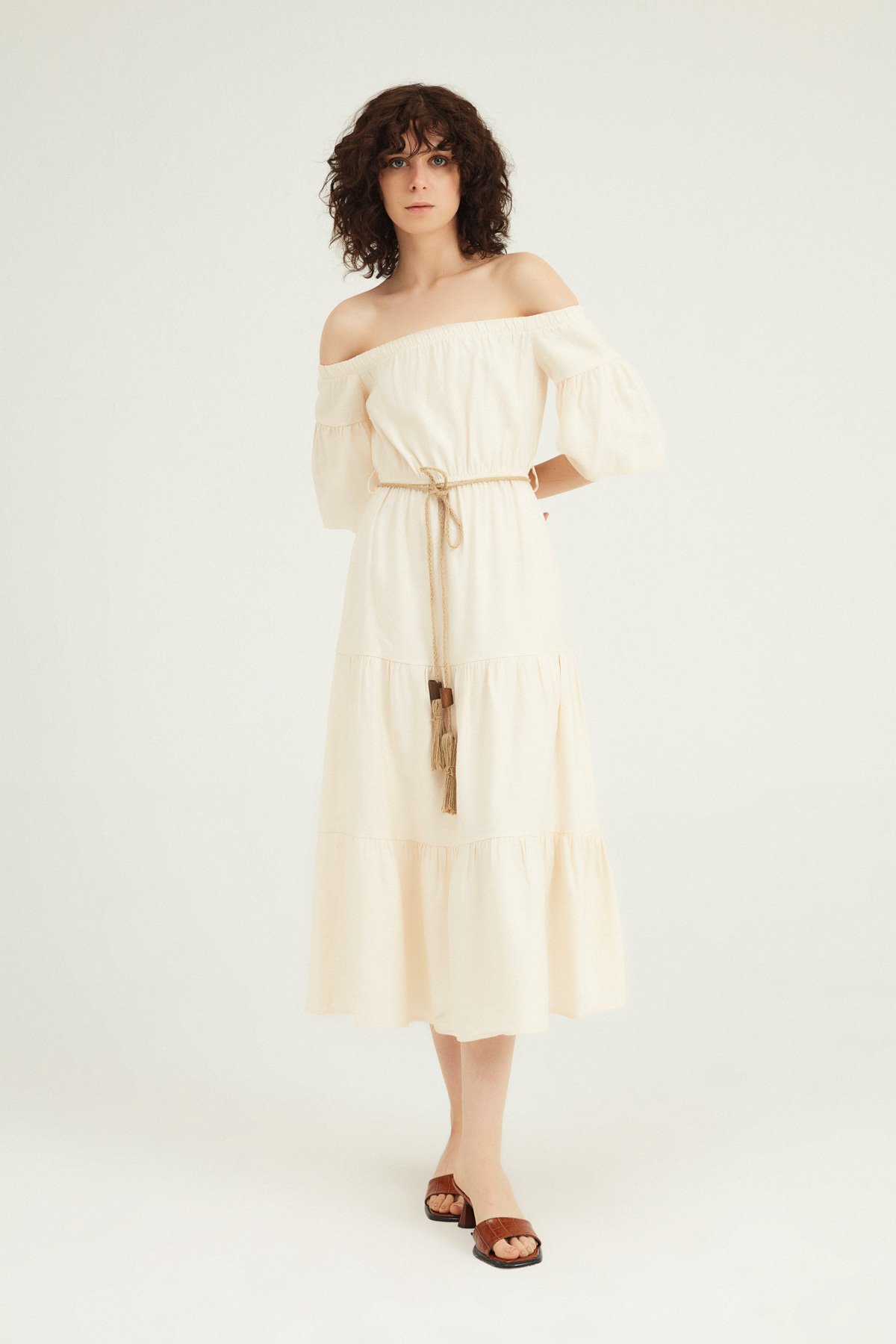 Off-the-shoulder dress with belt, Bone, S