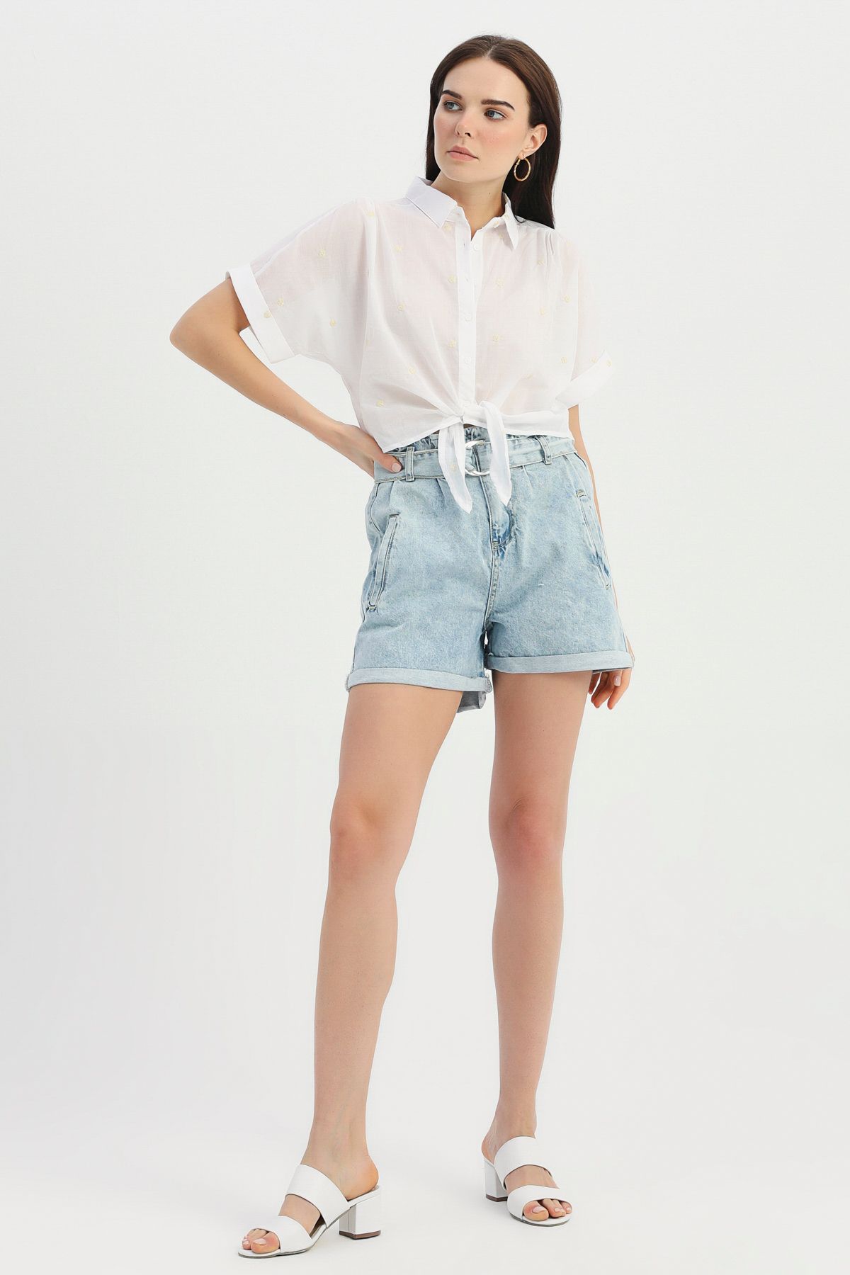 Denim shorts with belt at the waist, Голубой, 36