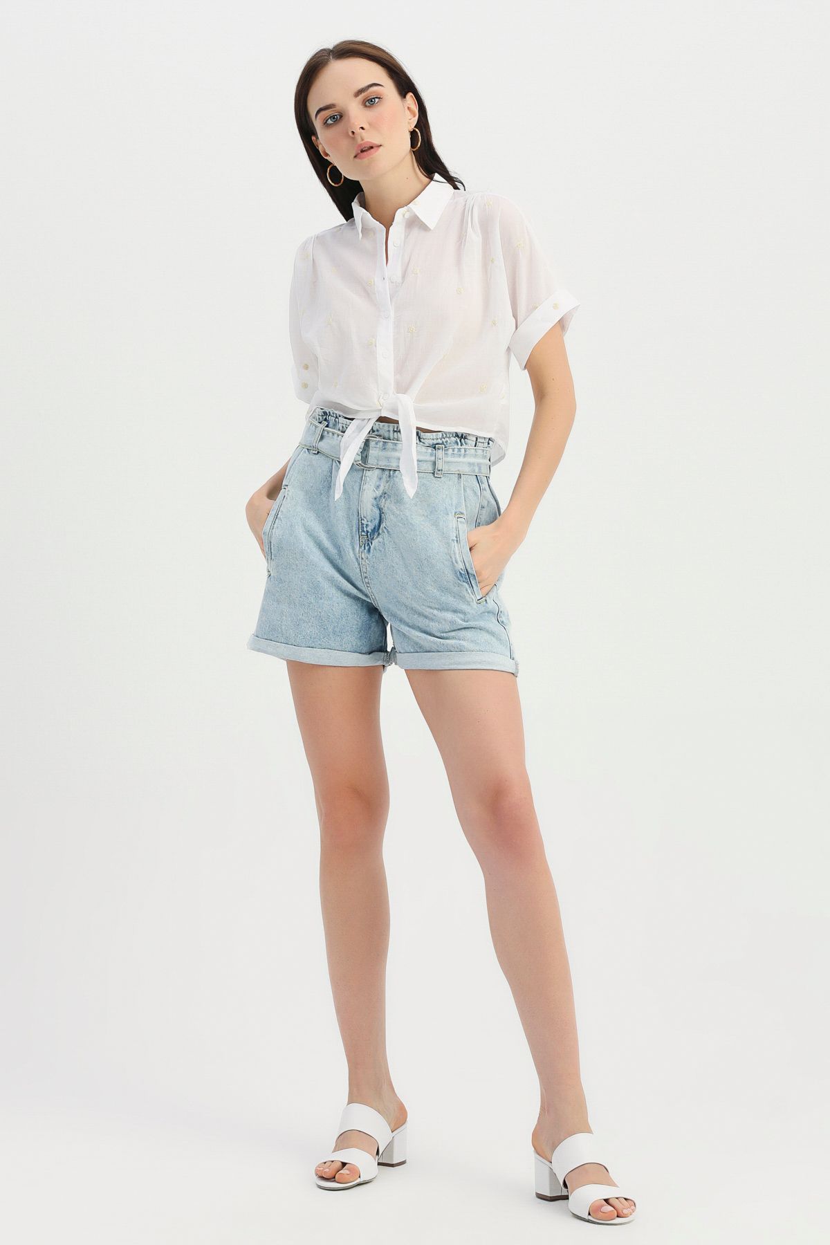 Denim shorts with belt at the waist, Голубой, 36