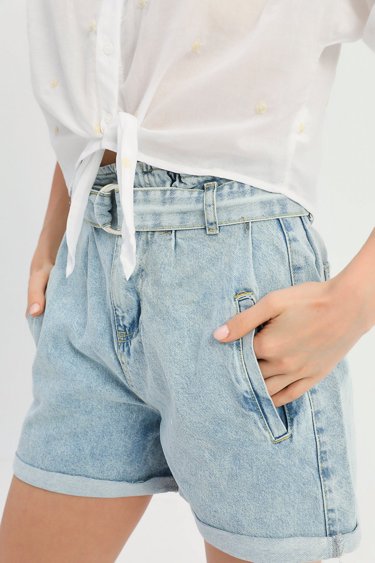 Denim shorts with belt at the waist, Голубой, 36