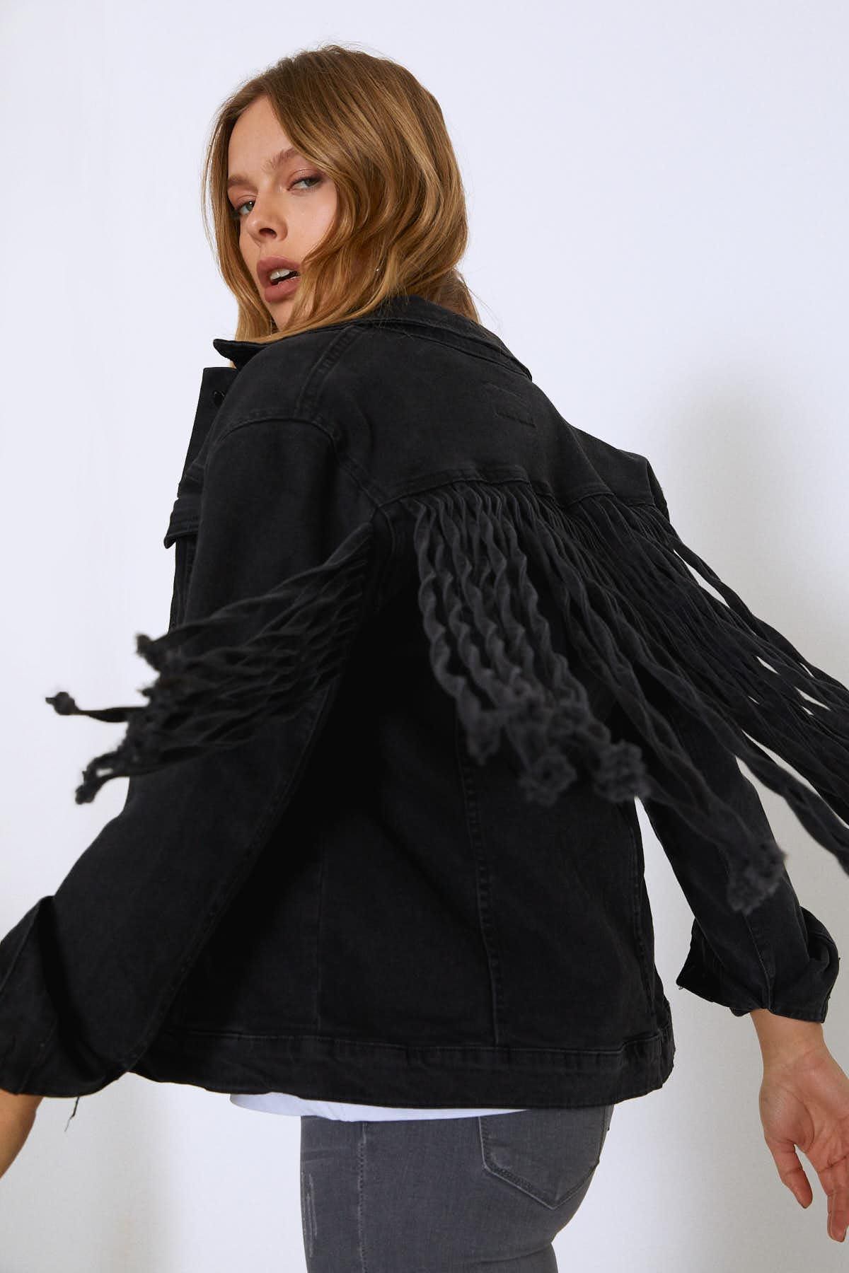 Fringed denim jacket, Anthracite, 36