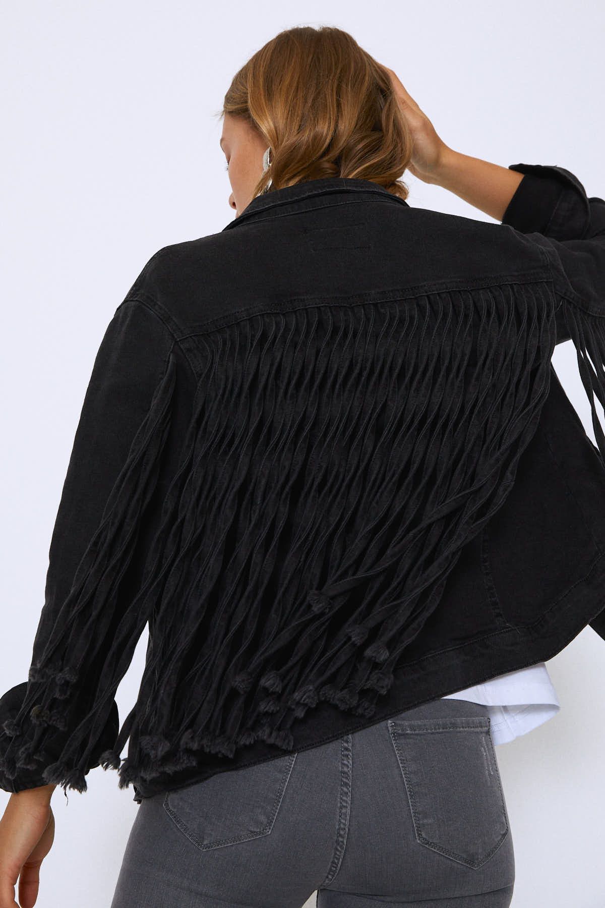 Fringed denim jacket, Anthracite, 36