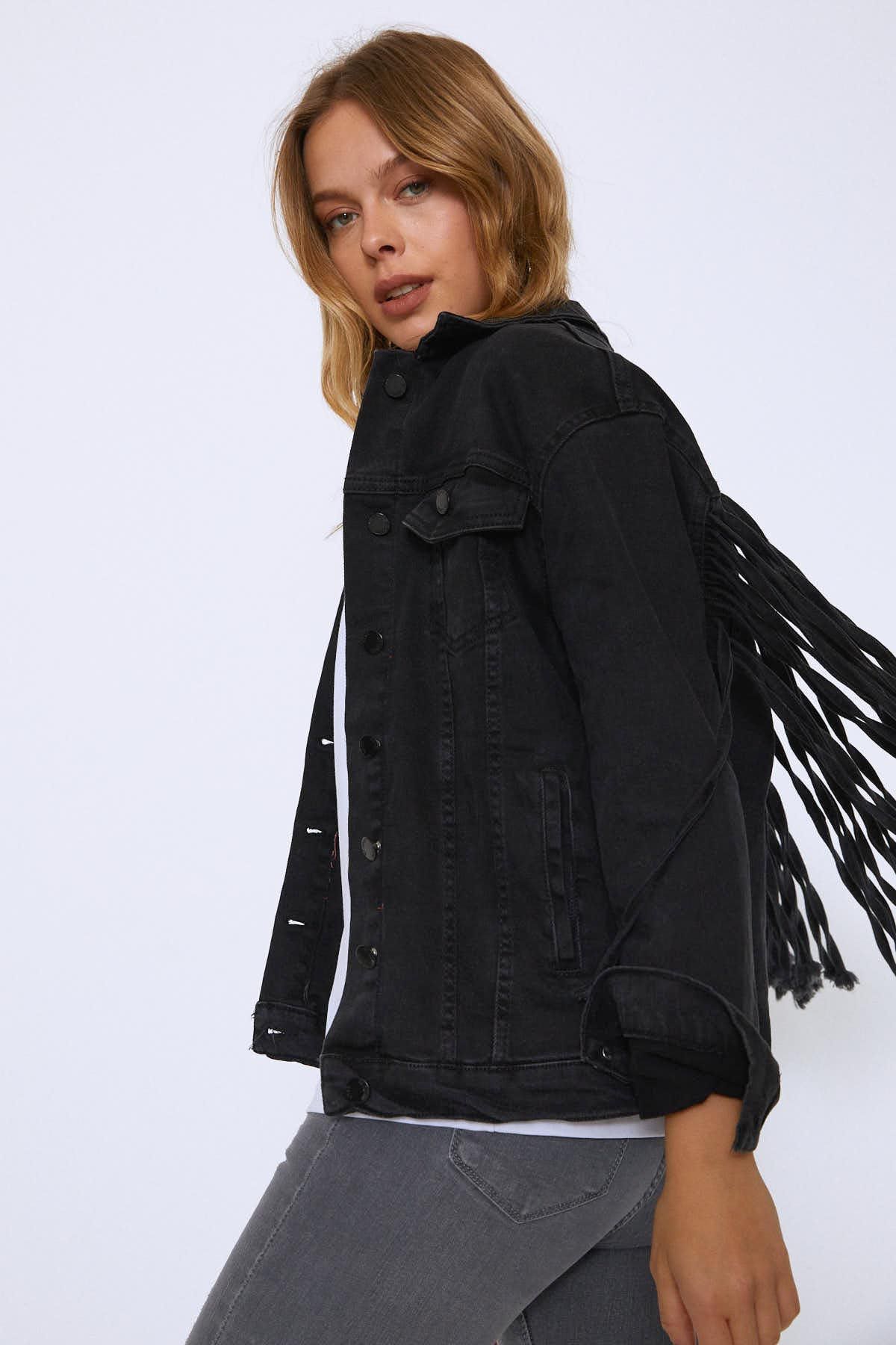 Fringed denim jacket, Anthracite, 36