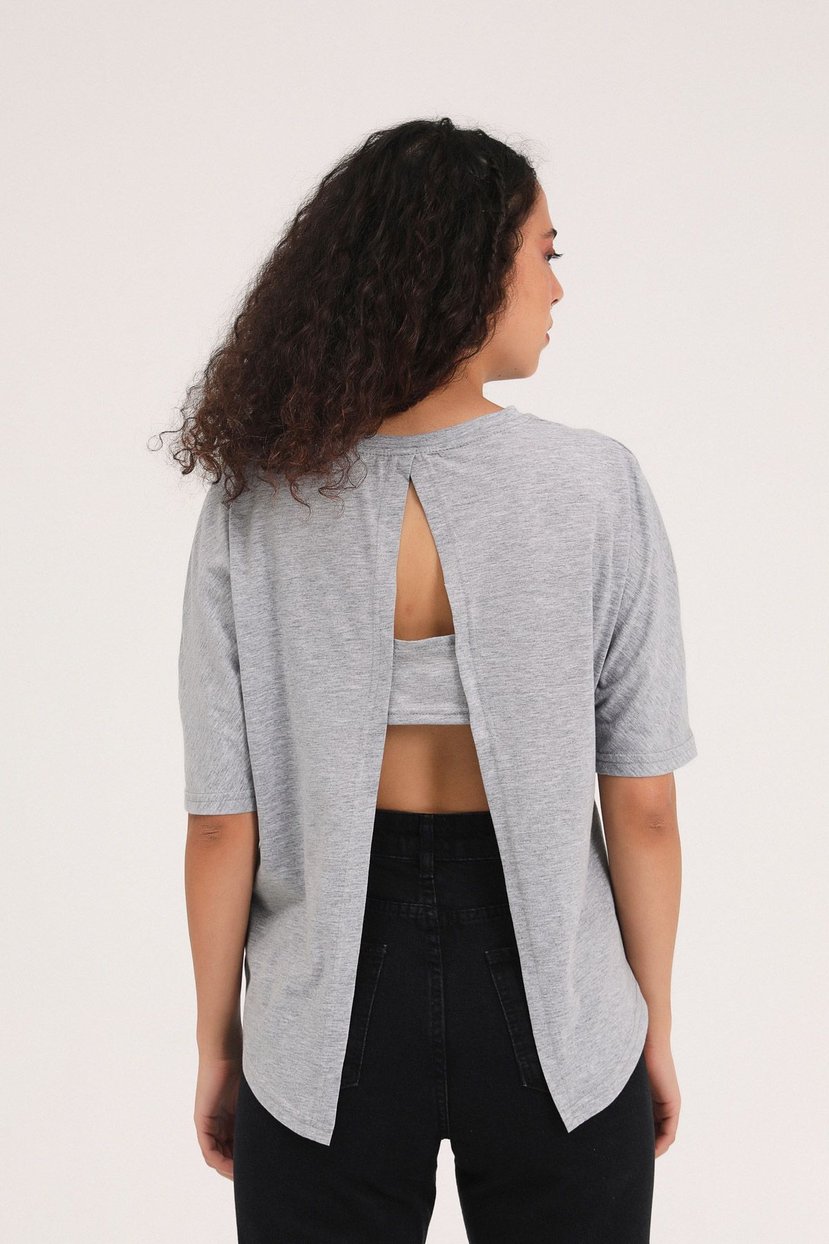 T-shirt with a slit at the back, Grey, S