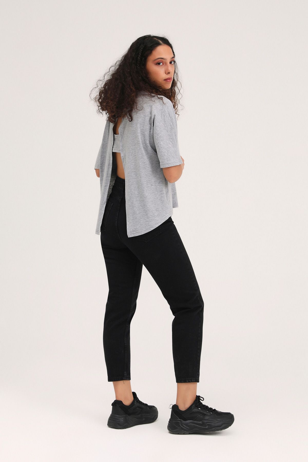 T-shirt with a slit at the back, Grey, S