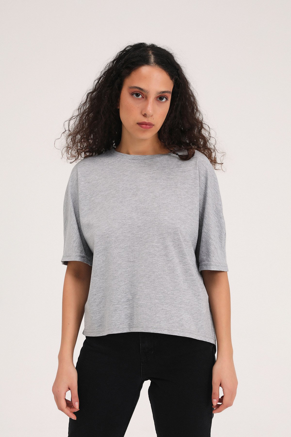 T-shirt with a slit at the back, Grey, S