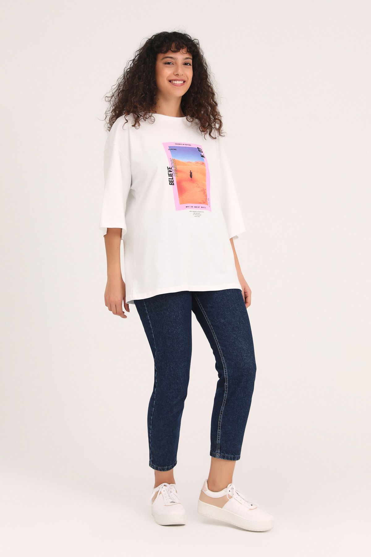 Oversize T-shirt with print, White, S