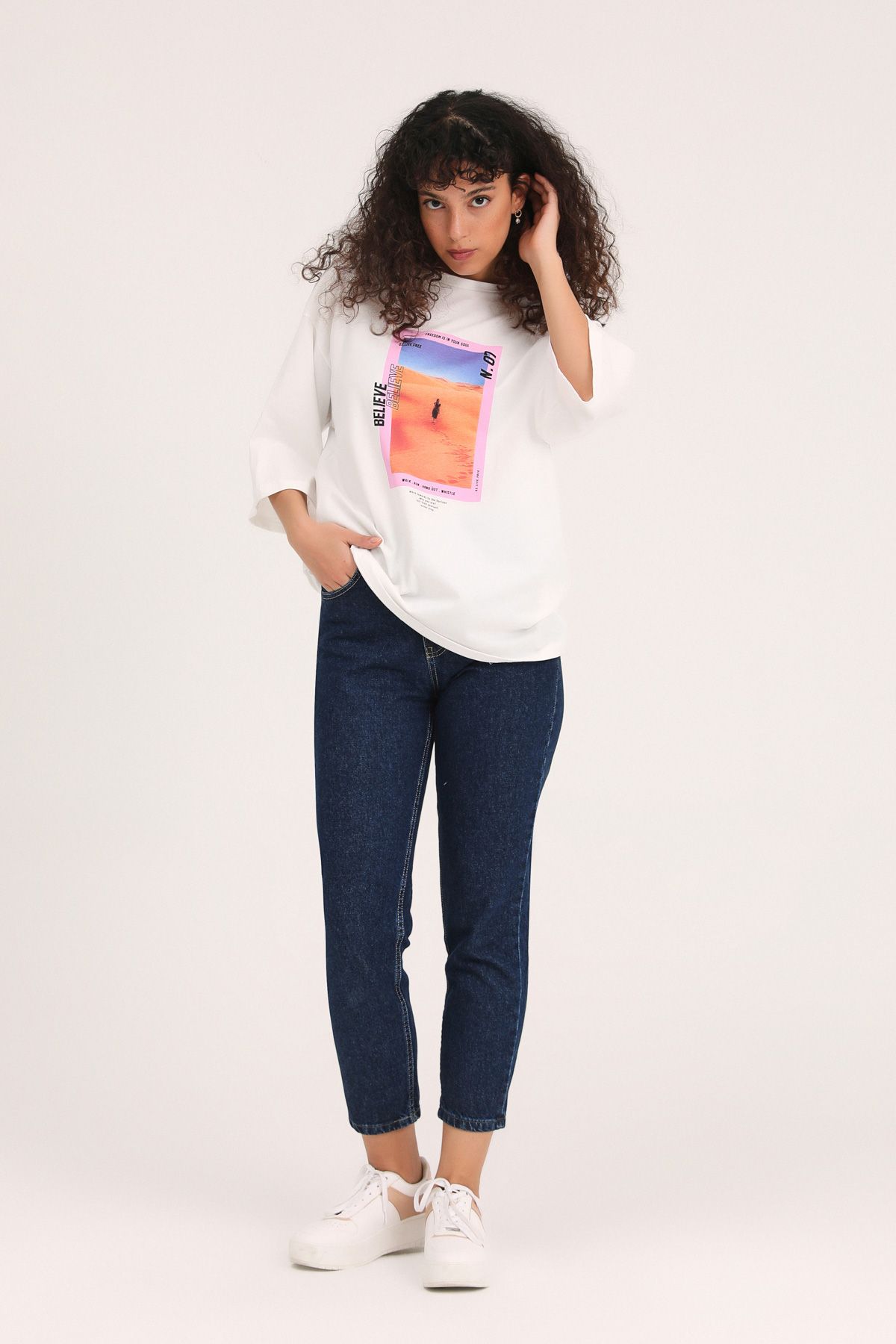 Oversize T-shirt with print, White, S