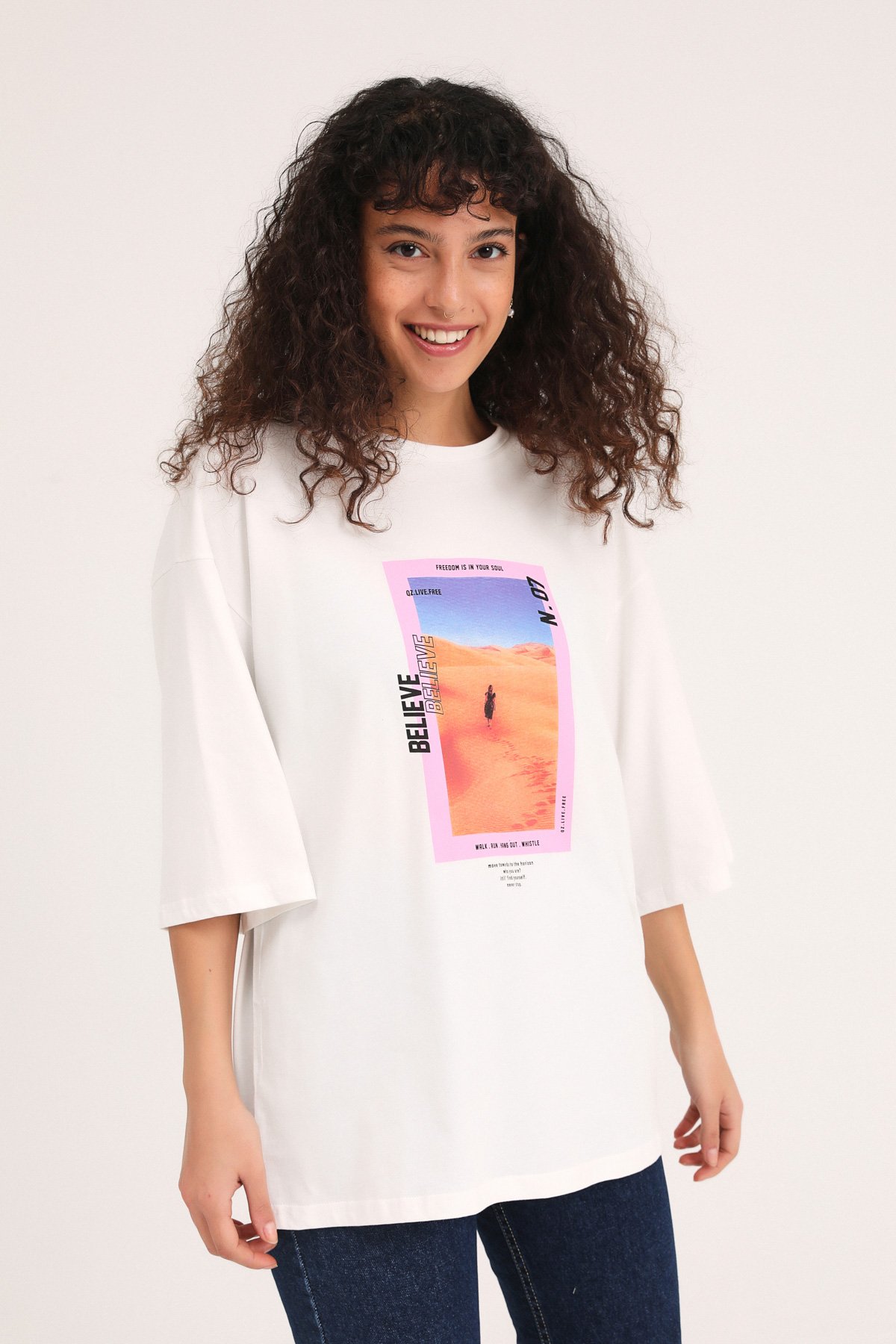 Oversize T-shirt with print, White, S