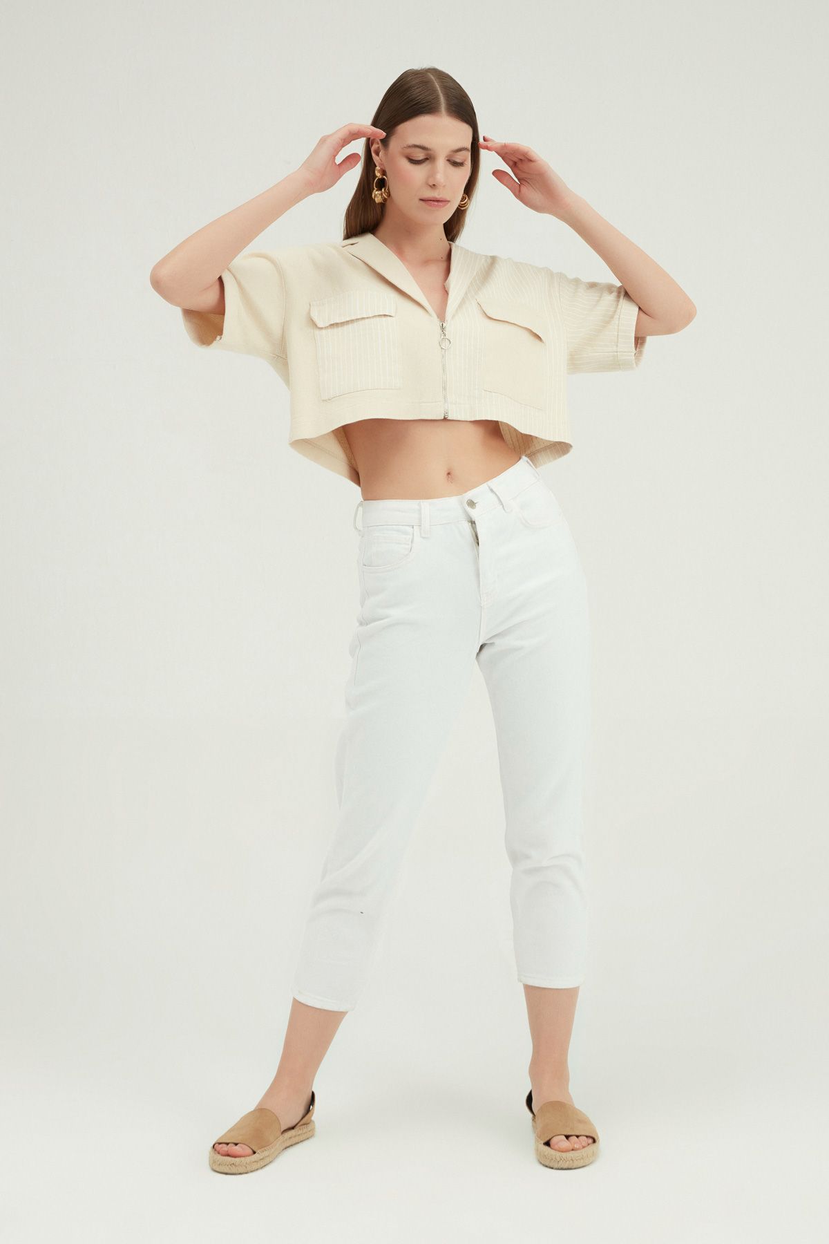 Cropped zip shirt, Beige, S