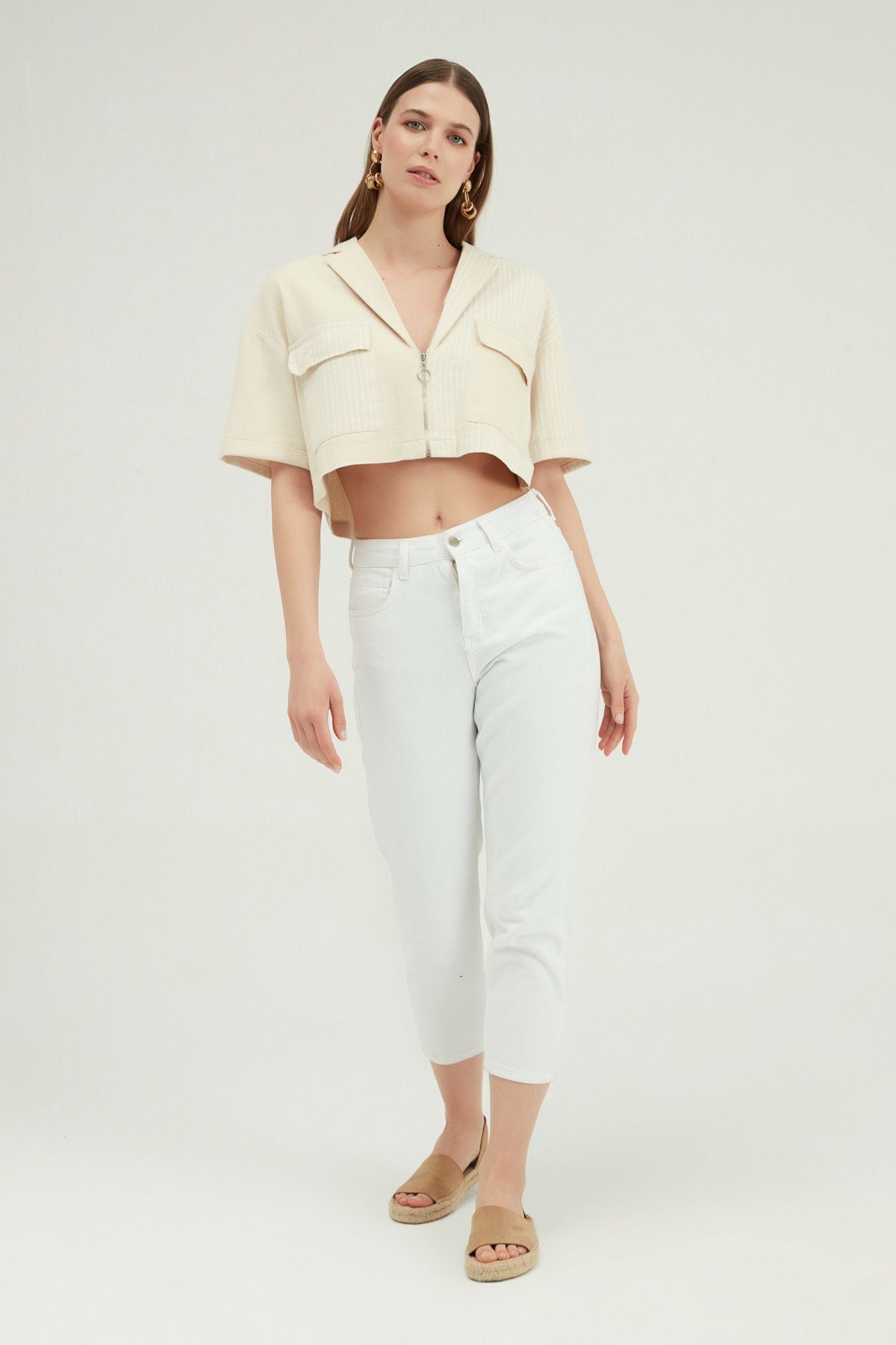 Cropped zip shirt, Beige, S