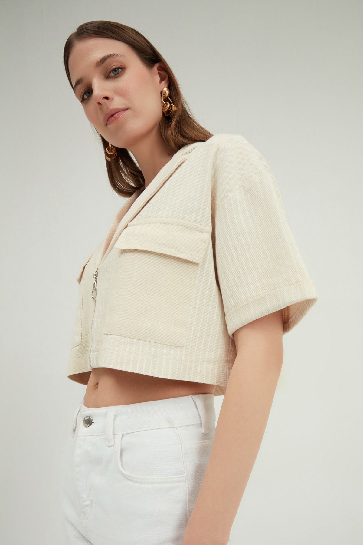 Cropped zip shirt, Beige, S