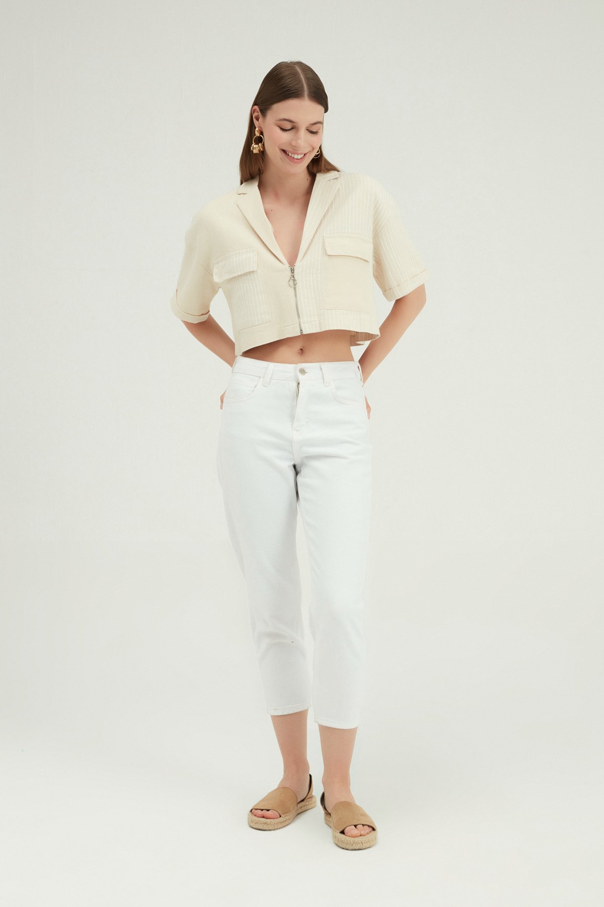 Cropped zip shirt, Beige, S