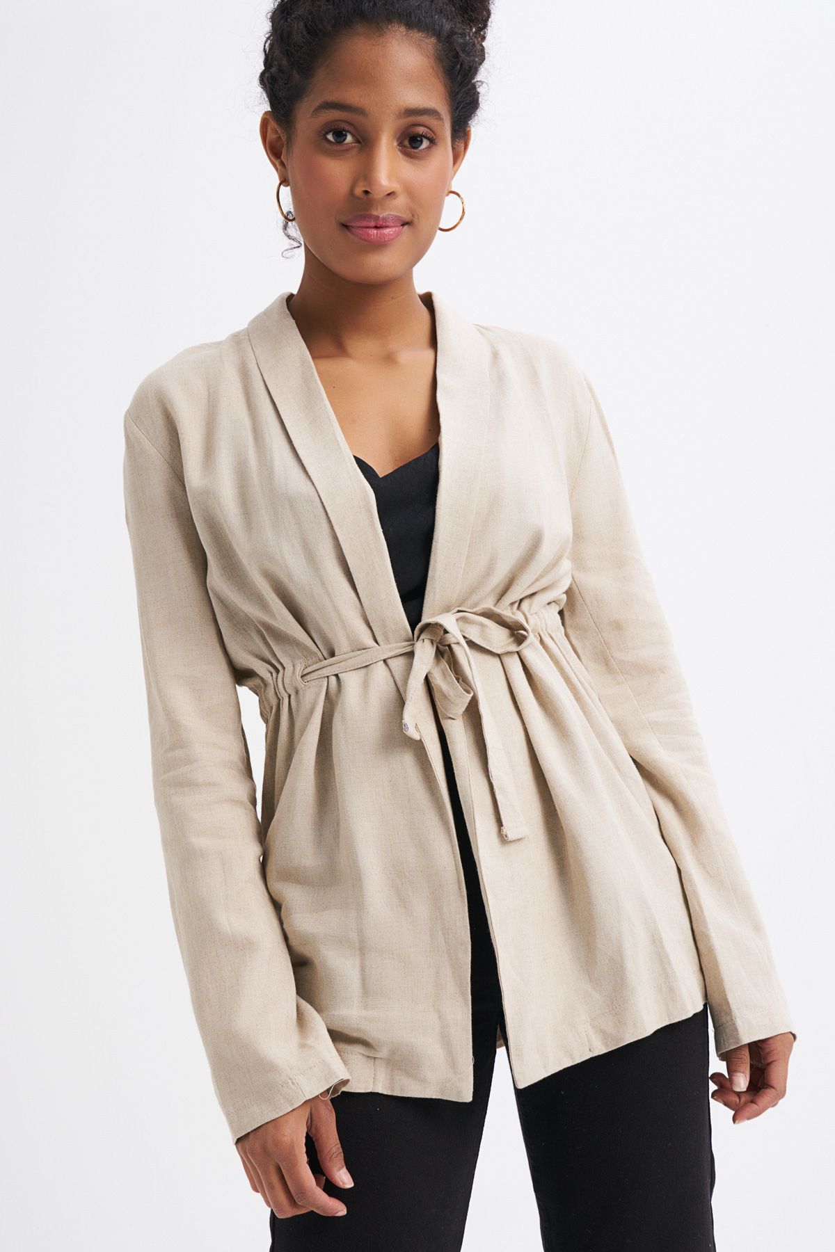 Linen blazer with belt, Beige, 36