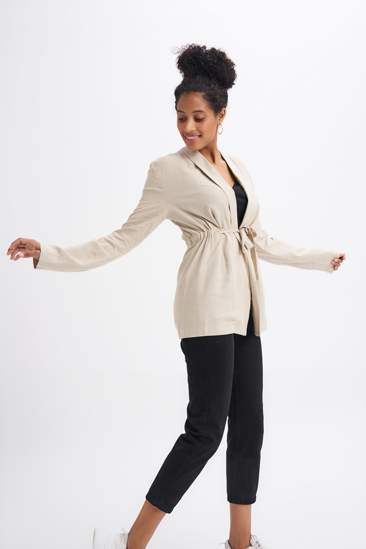 Linen blazer with belt, Beige, 40