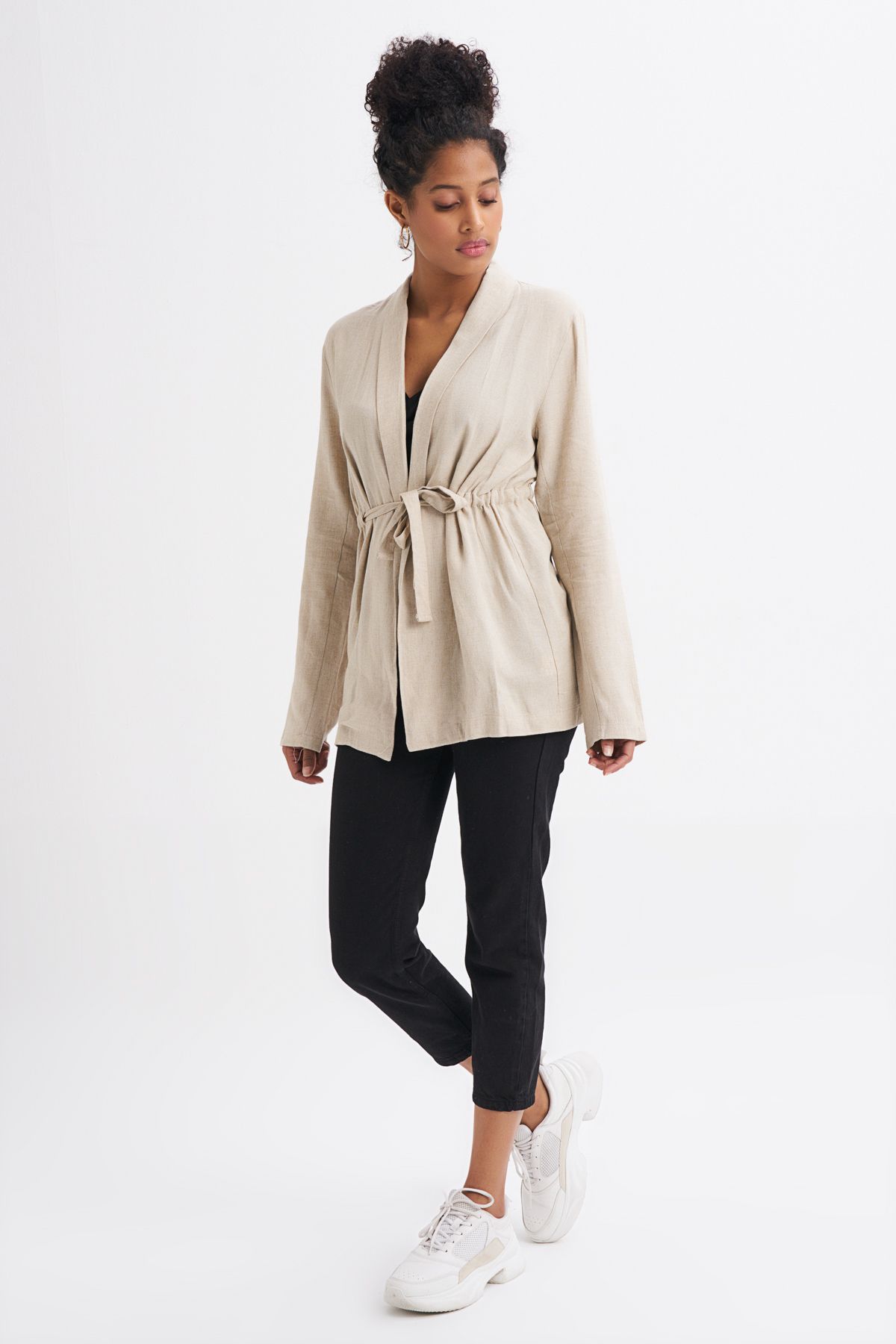 Linen blazer with belt, Beige, 40