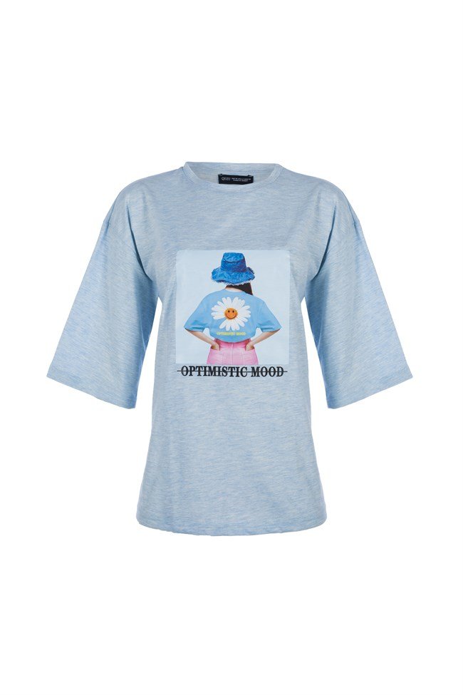 Oversize T-shirt with Baby Blue print, Голубой, S