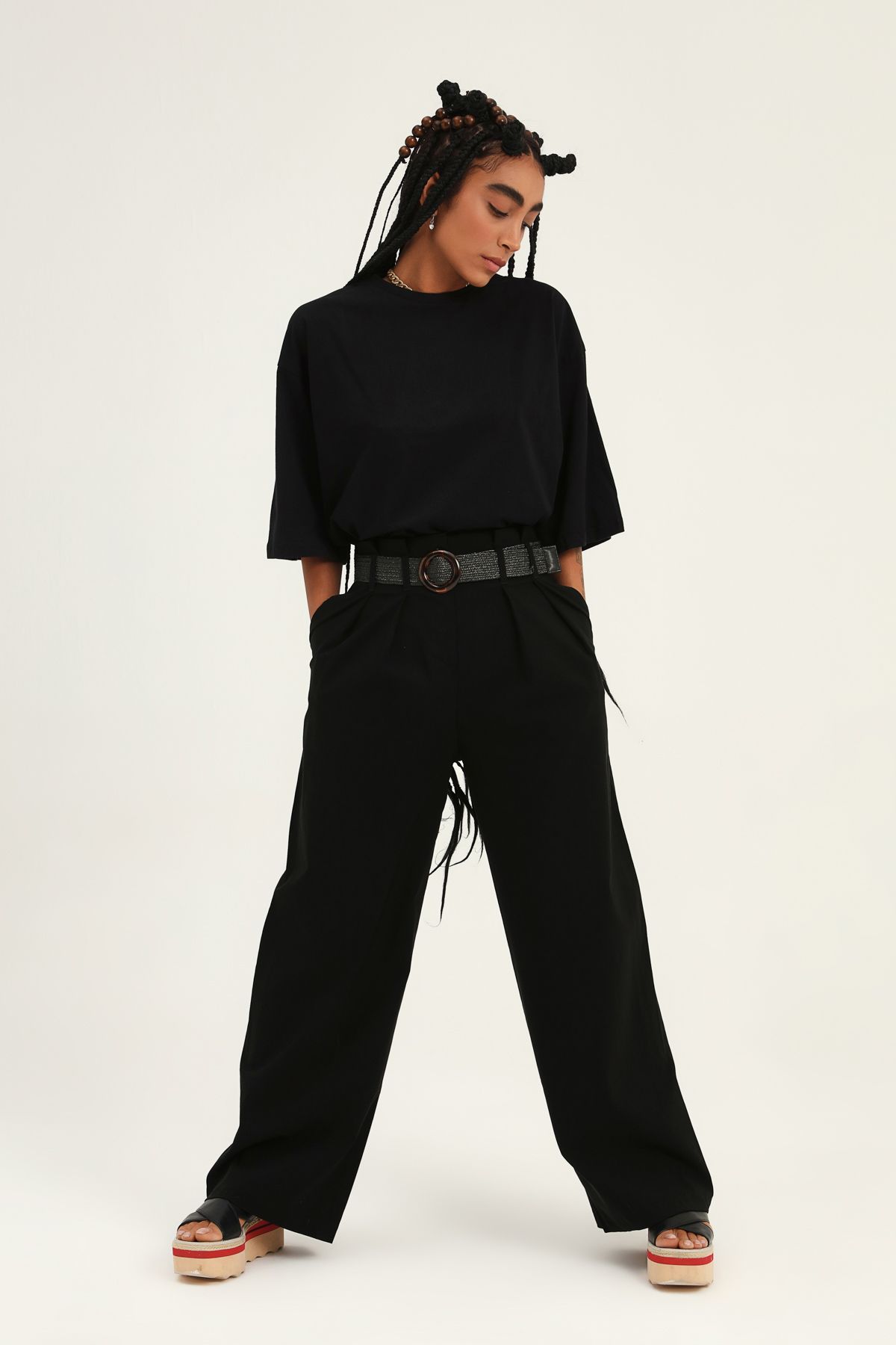 Wide trousers with belt, Black, S