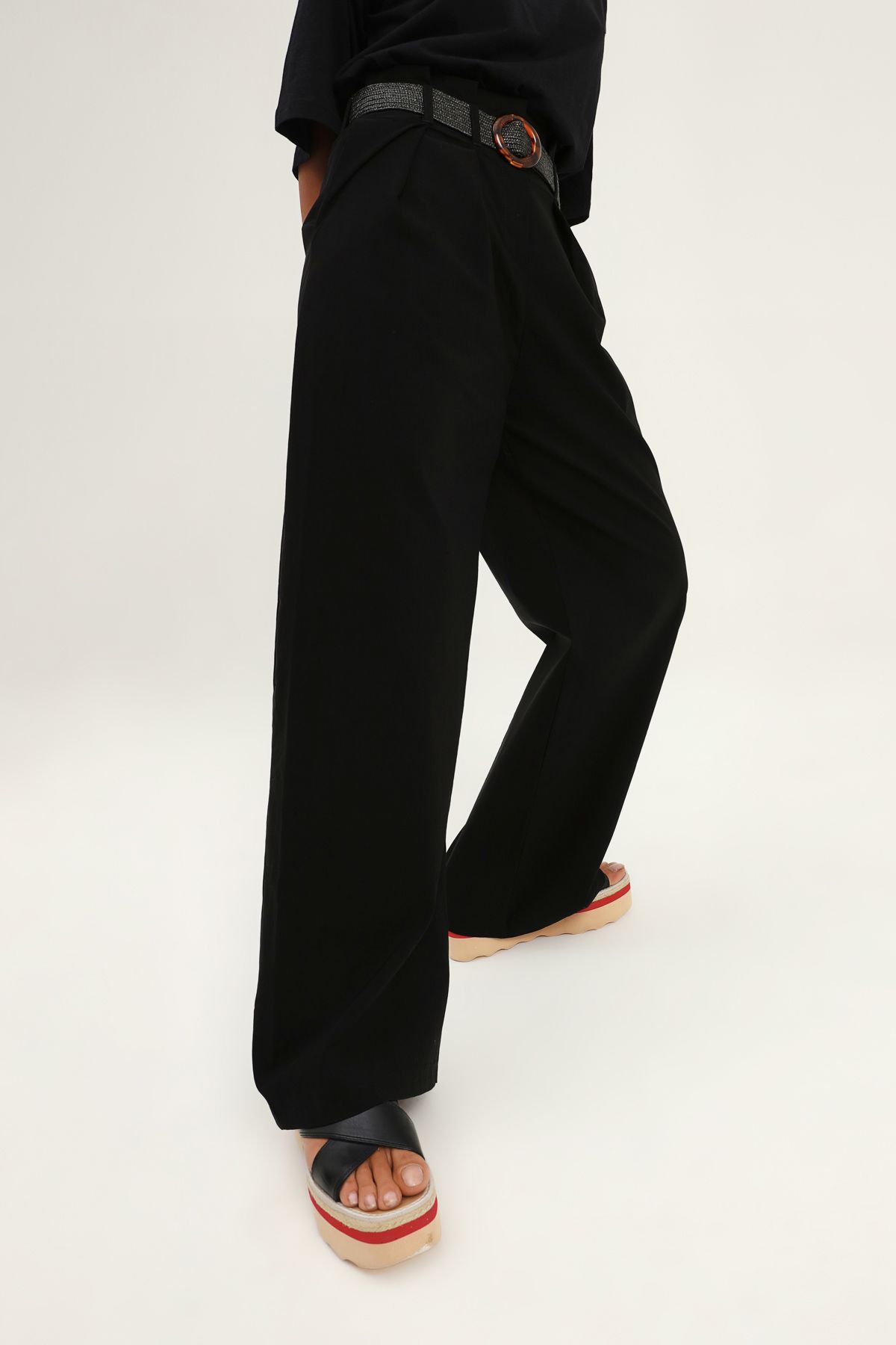 Wide trousers with belt, Black, S