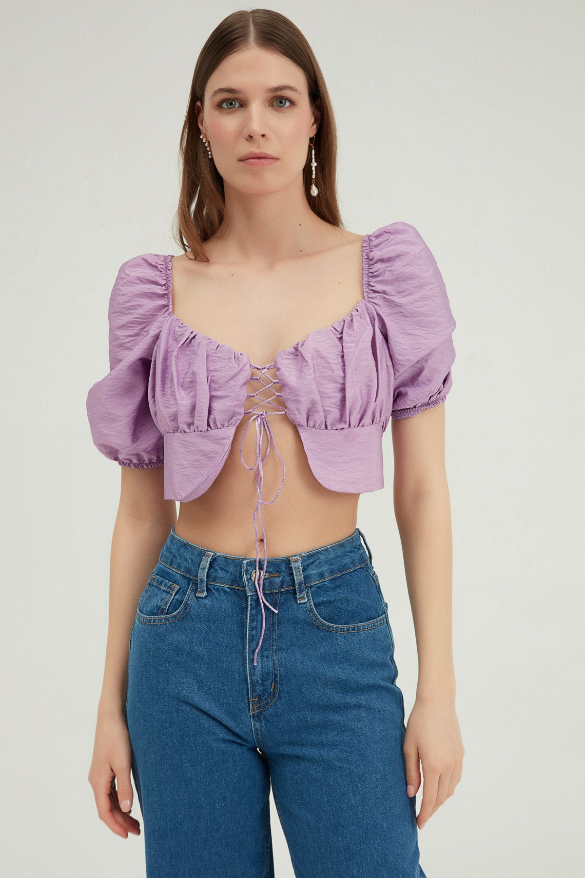 Lace-up cropped blouse, Сиреневый, S