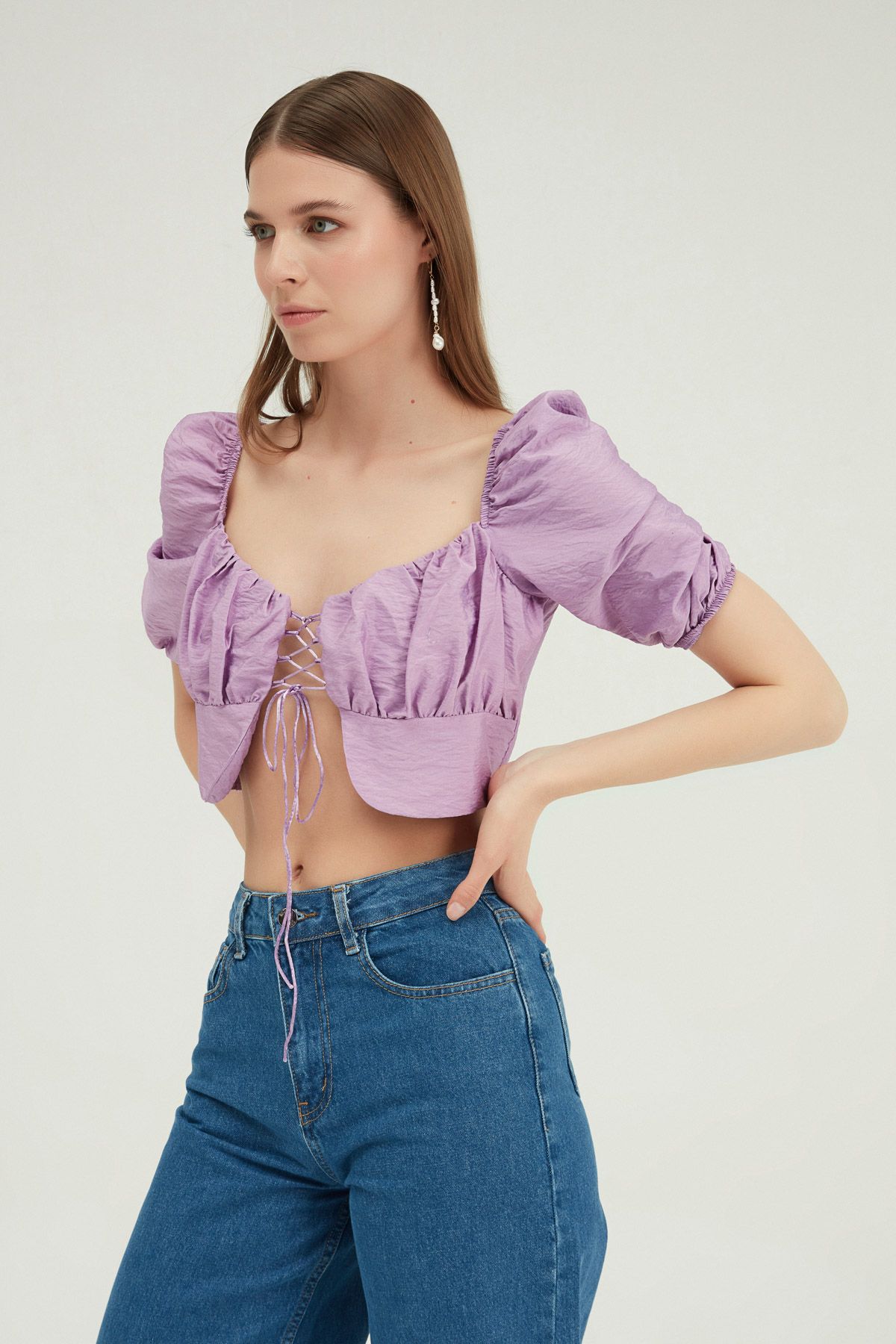 Lace-up cropped blouse, Сиреневый, S