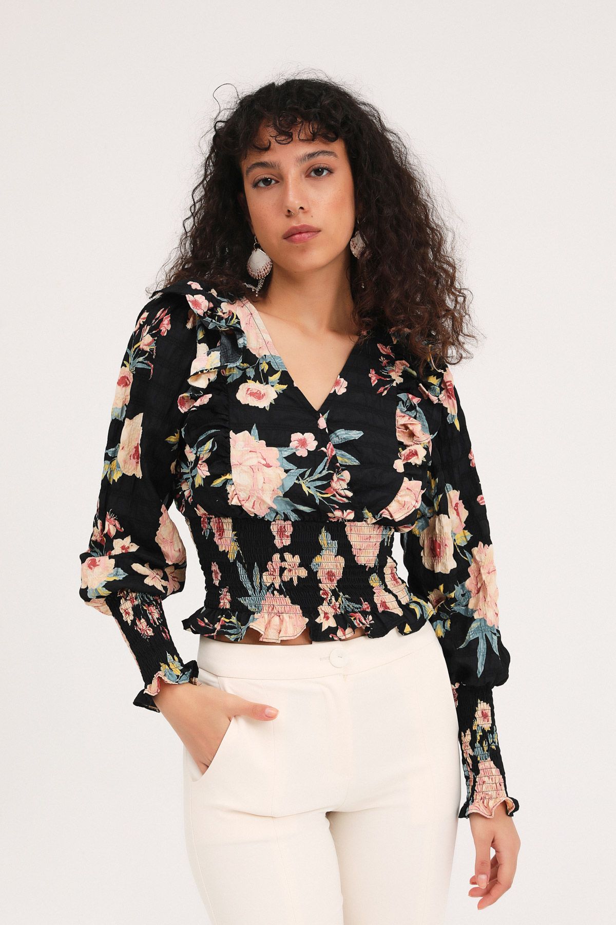 Floral blouse, Black, S