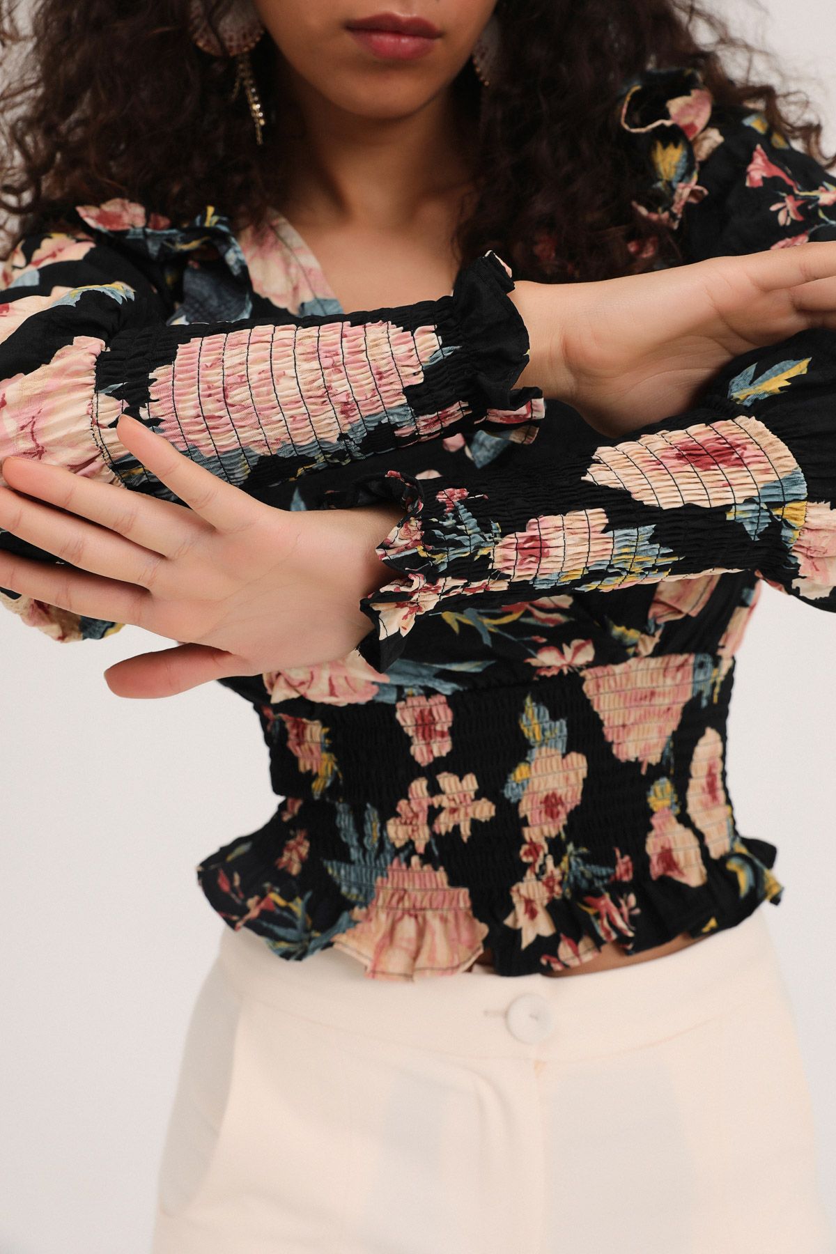 Floral blouse, Black, S