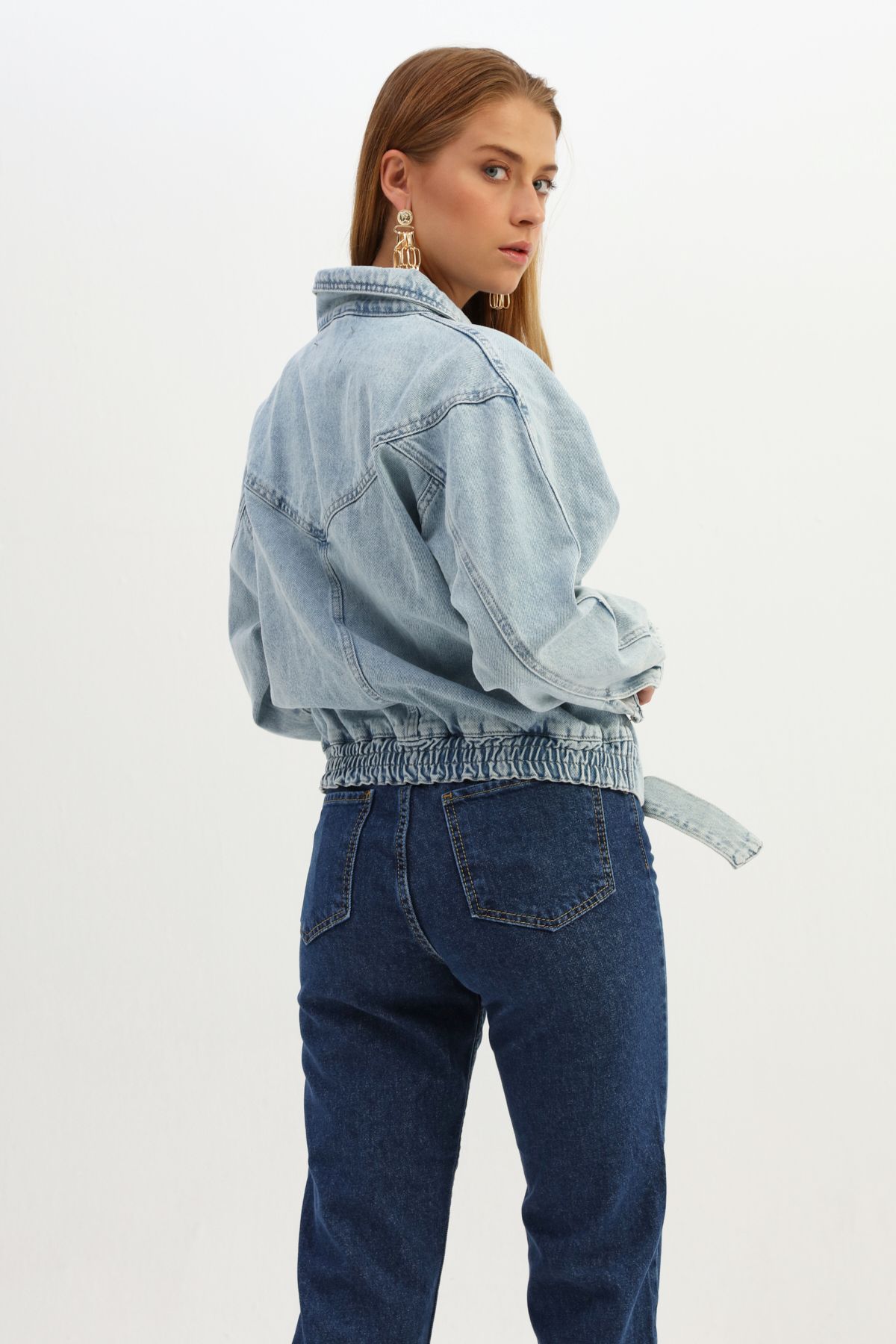 Denim jacket with zip and belt, Голубой, 36