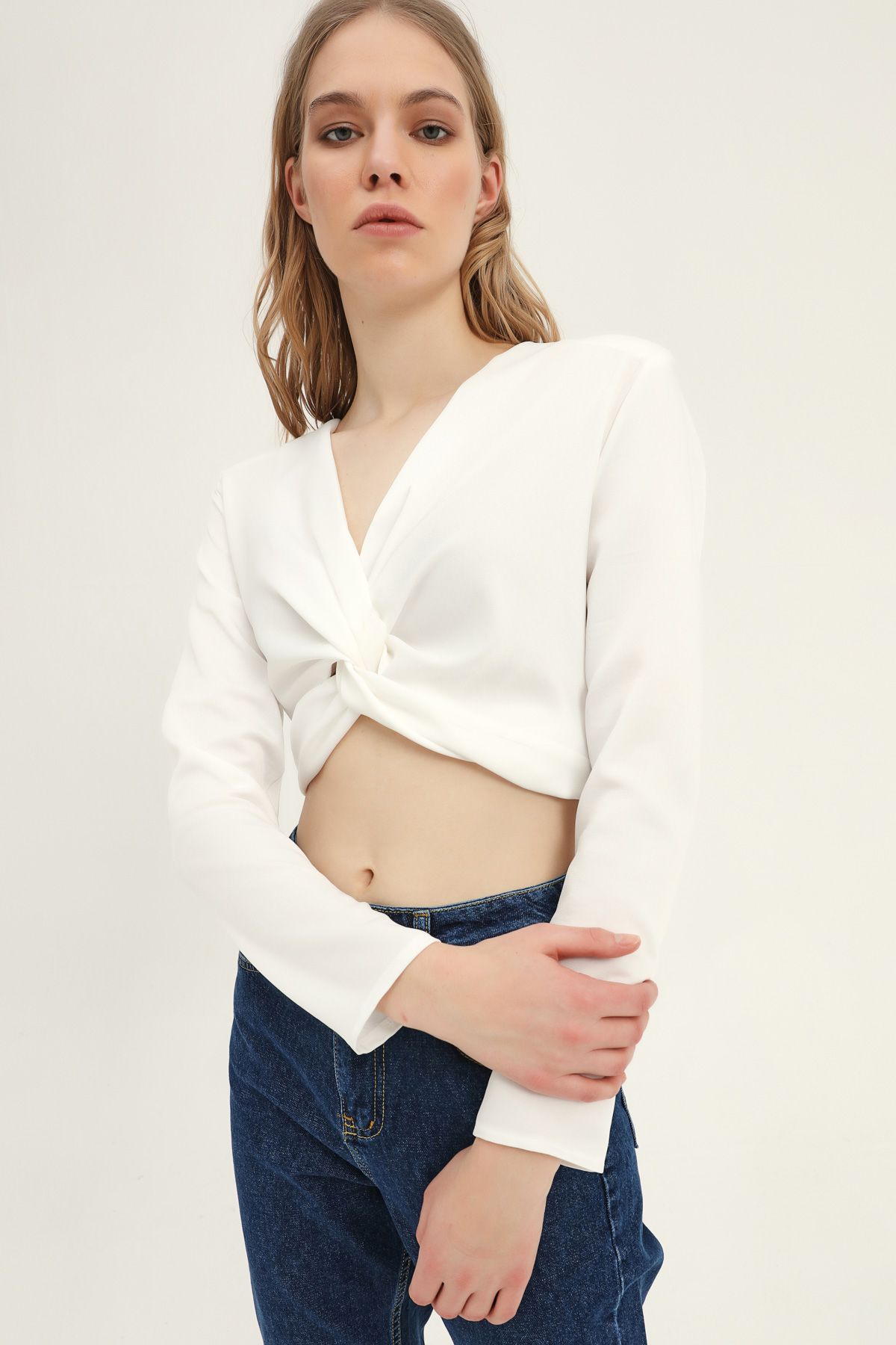 Blouse with V-neck, White, S