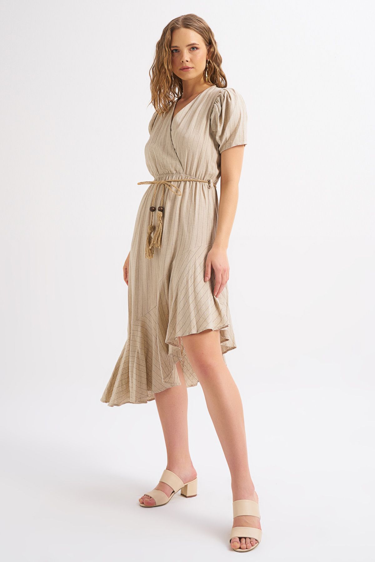 Striped slant dress, Beige, S