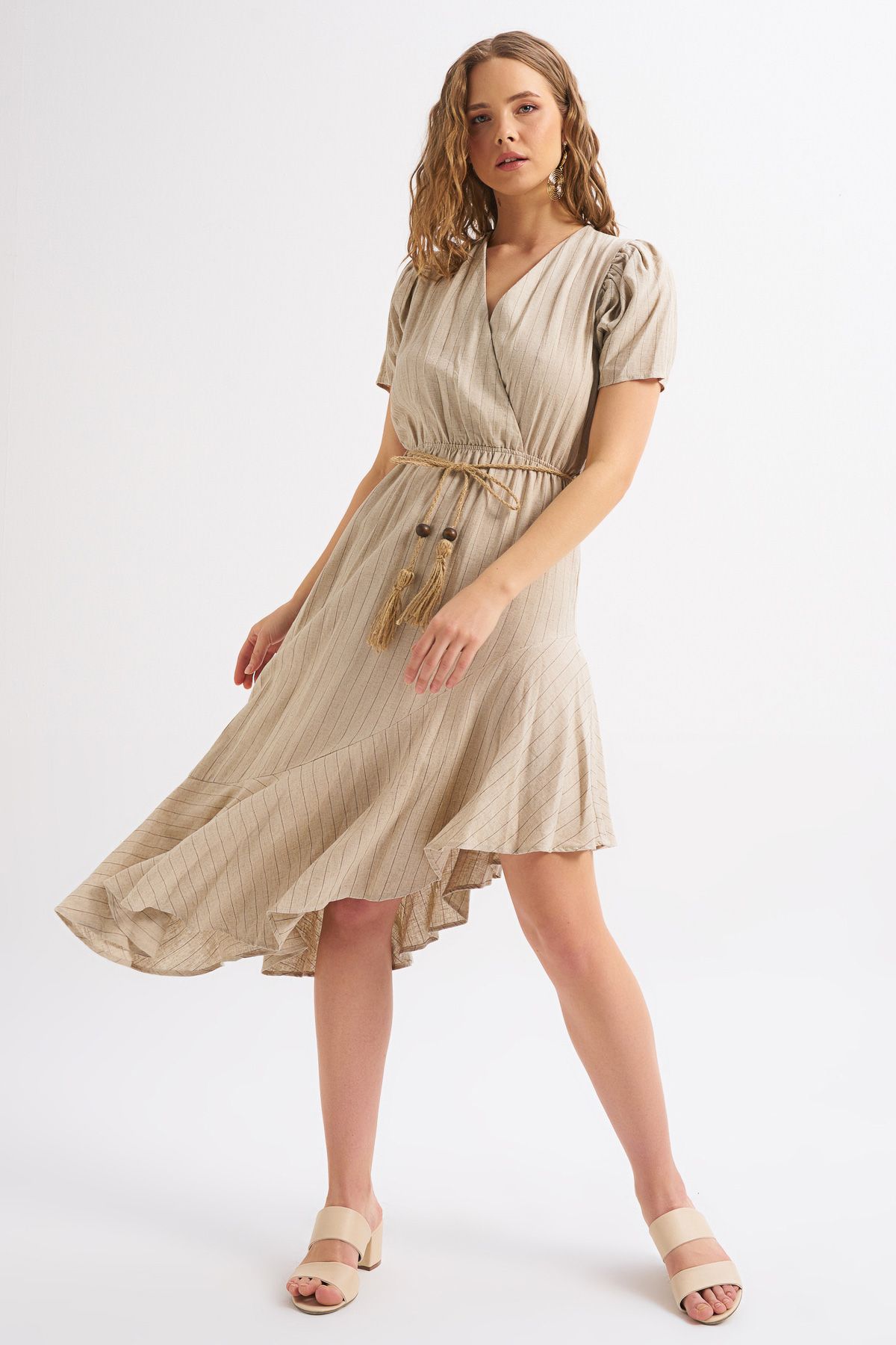 Striped slant dress, Beige, S