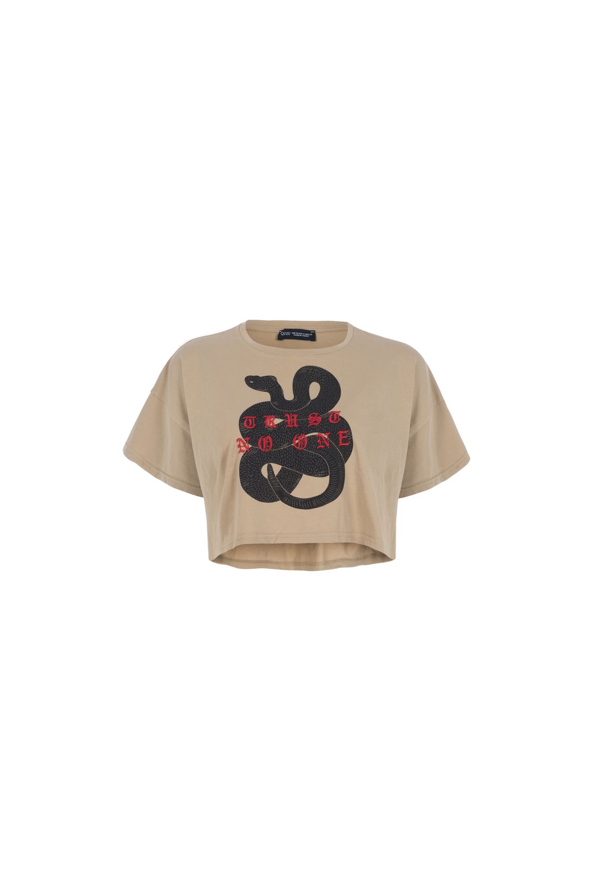 Cropped T-shirt with print and embroidery Snake, Khaki, S