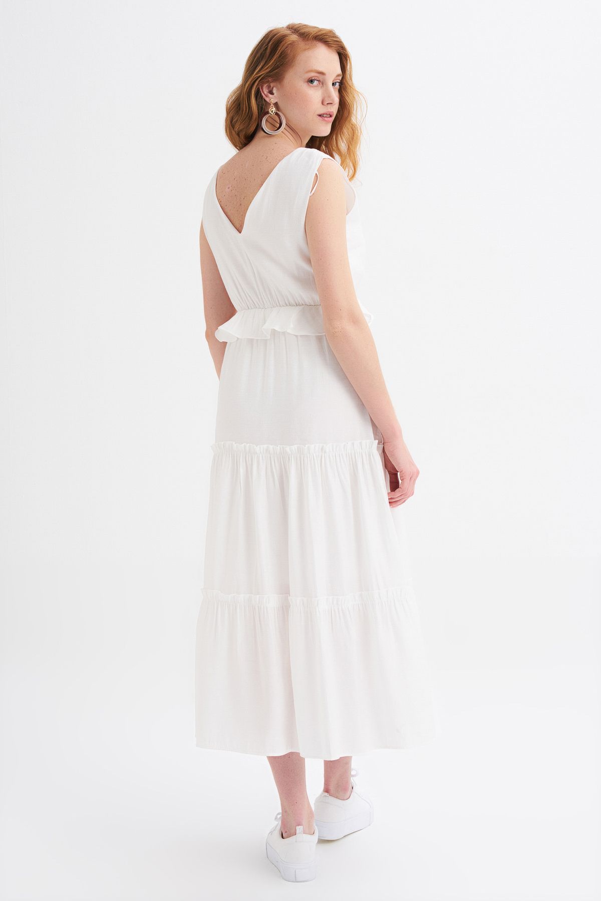 V-neck dress with belt, White, S