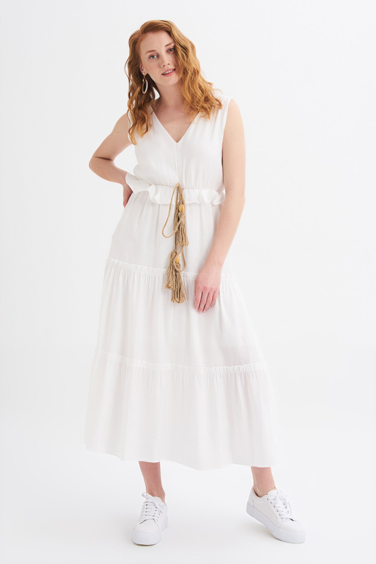 V-neck dress with belt, White, S