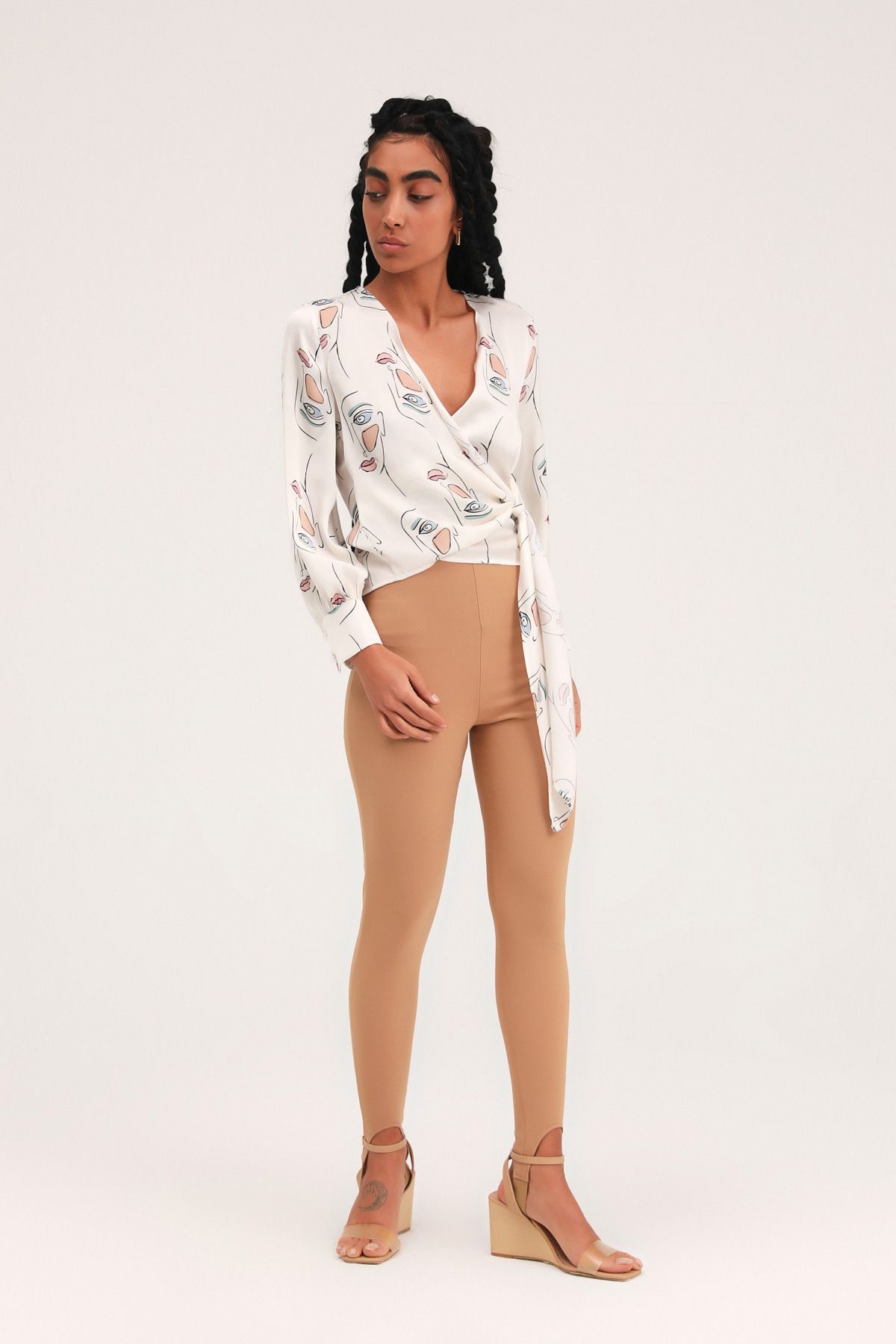 Double-breasted blouse with side ties and print, Bone, S