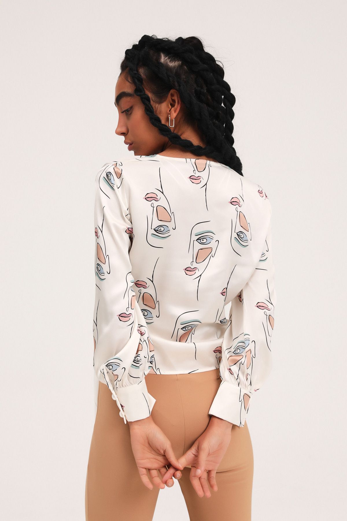 Double-breasted blouse with side ties and print, Bone, S