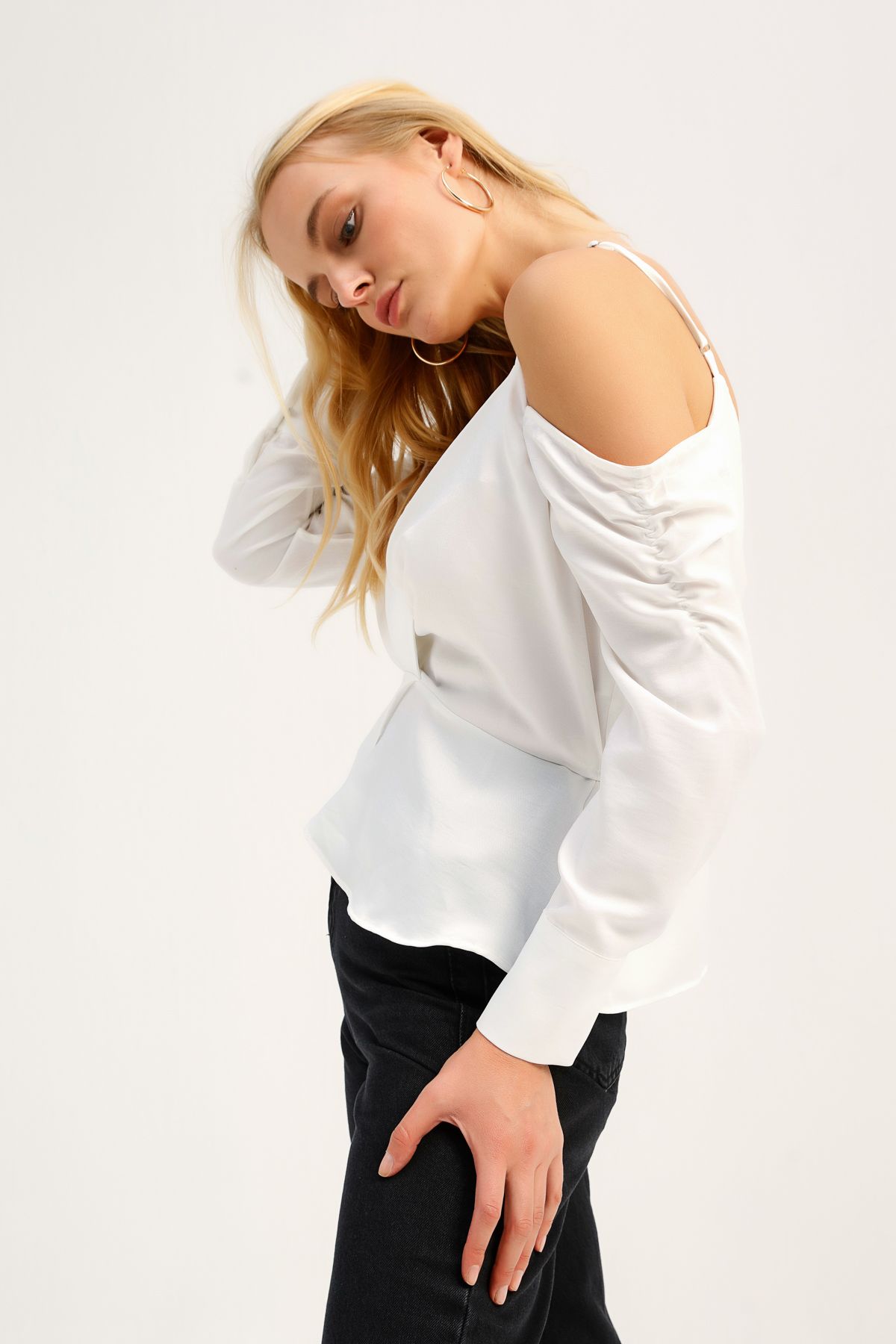 One Shoulder Double Breasted Blouse, White, S