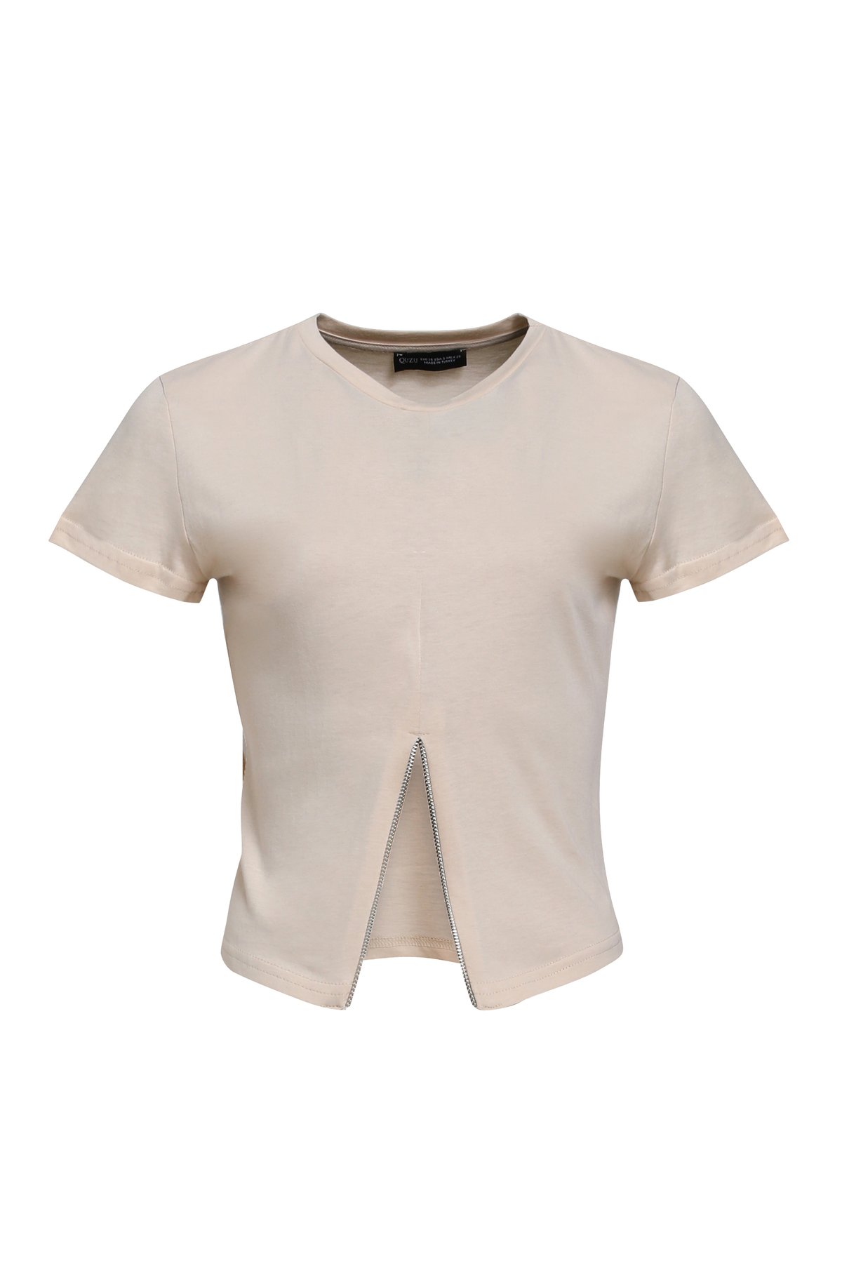 Front zip T-shirt, Beige, S