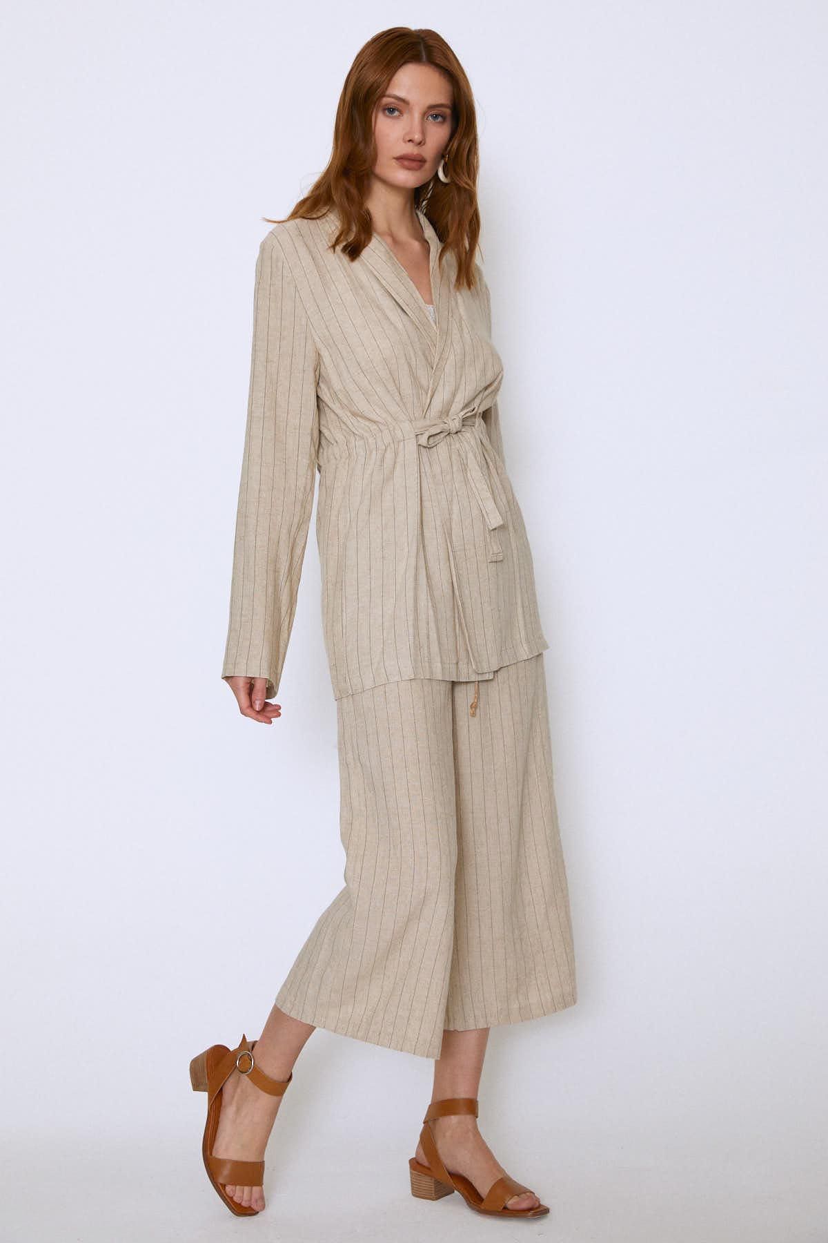 Striped blazer with belt, Beige, 36